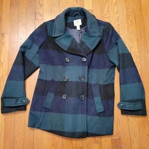 St Johns Bay Plaid Double Breasted Wool Peacoat Jacket L Green Navy Black Winter